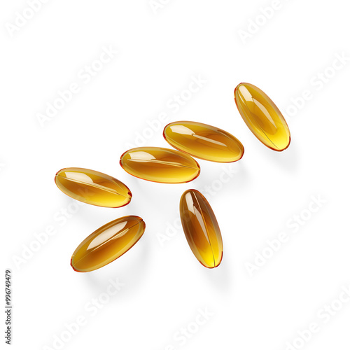 Close-up of amber-colored gel capsules on a Transparent Background