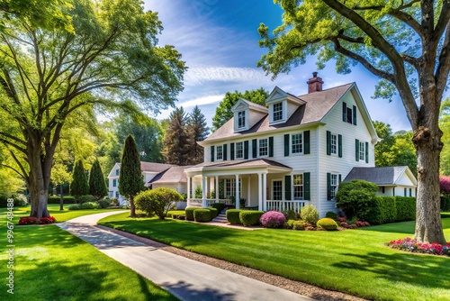 A serene suburban scene featuring a picturesque white house with a well-manicured lawn, surrounded by mature trees and a quiet neighborhood street.