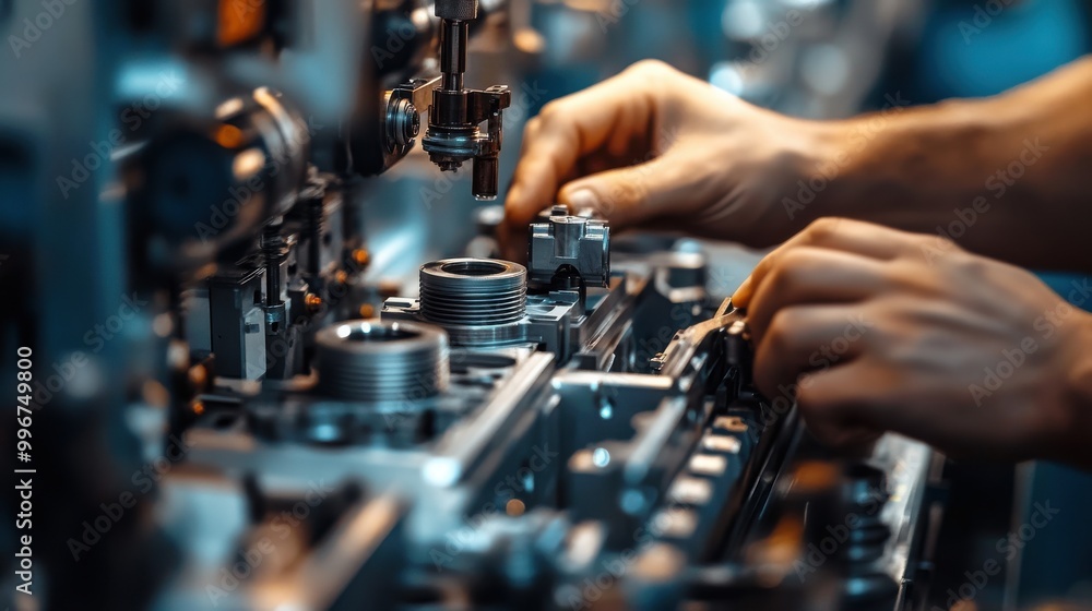 Close-up of a technician's hands working with machinery, focusing on precision and mechanical engineering in an industrial environment.