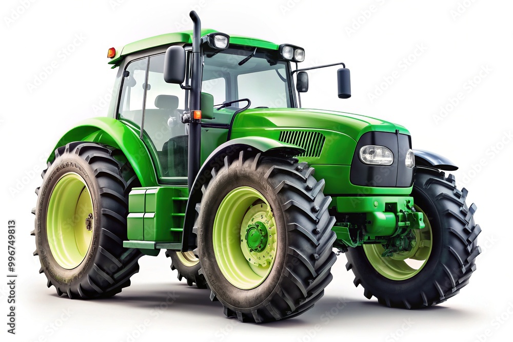 A shiny green tractor stands alone on a white background, showcasing its sleek design and vibrant color, perfect for agricultural or rural-themed projects. A shiny green tractor stands alone on a white background, showcasing its sleek design and vibrant color, perfect for agricultural or rural-themed projects.