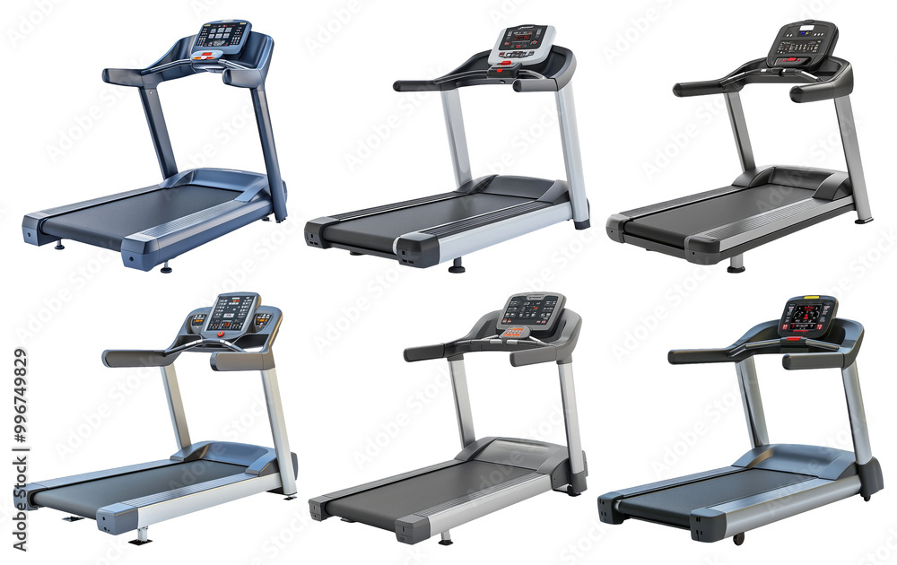 Modern treadmill set in different angles 3D render isolated on transparent background Modern treadmill set in different angles 3D render isolated on transparent background