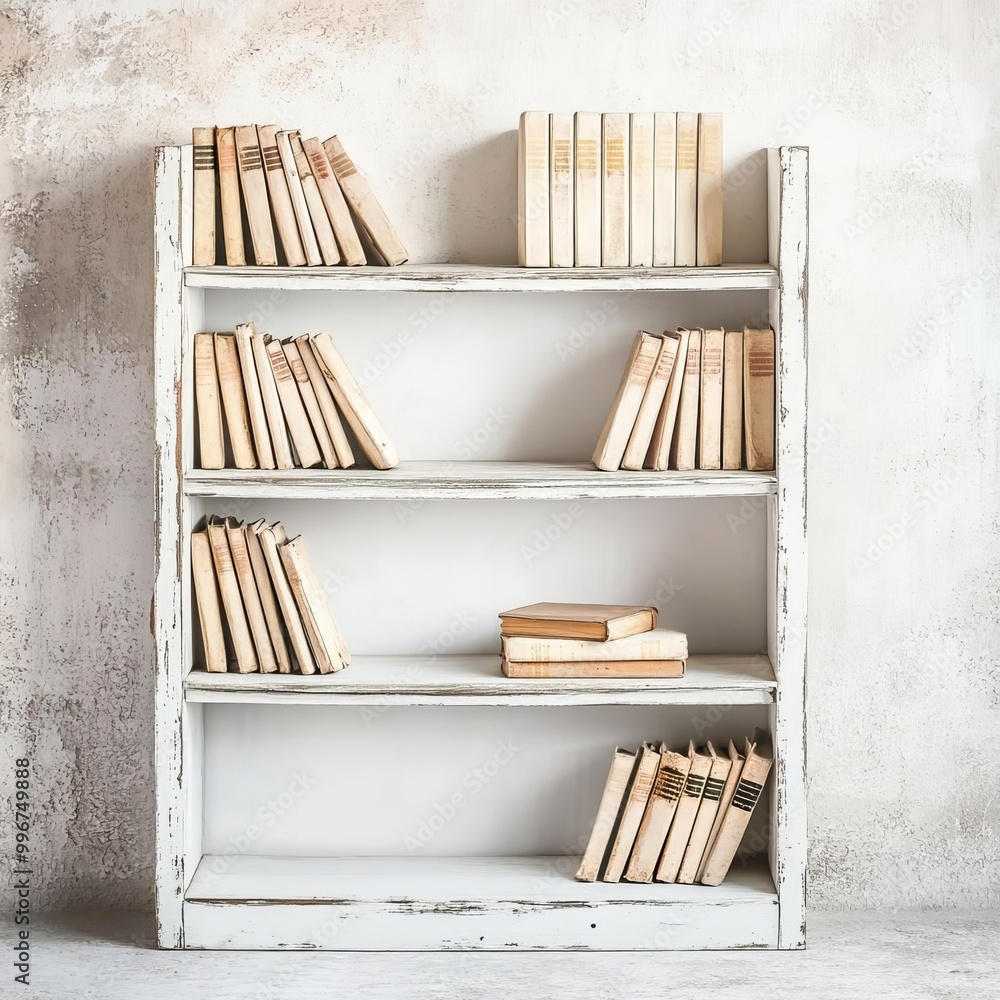 Distressed bookshelf with sagging shelves, peeling paint, and dusty books, placed against a plaster wall, capturing timeless knowledge Distressed bookshelf with sagging shelves, peeling paint, and dusty books, placed against a plaster wall, capturing timeless knowledge