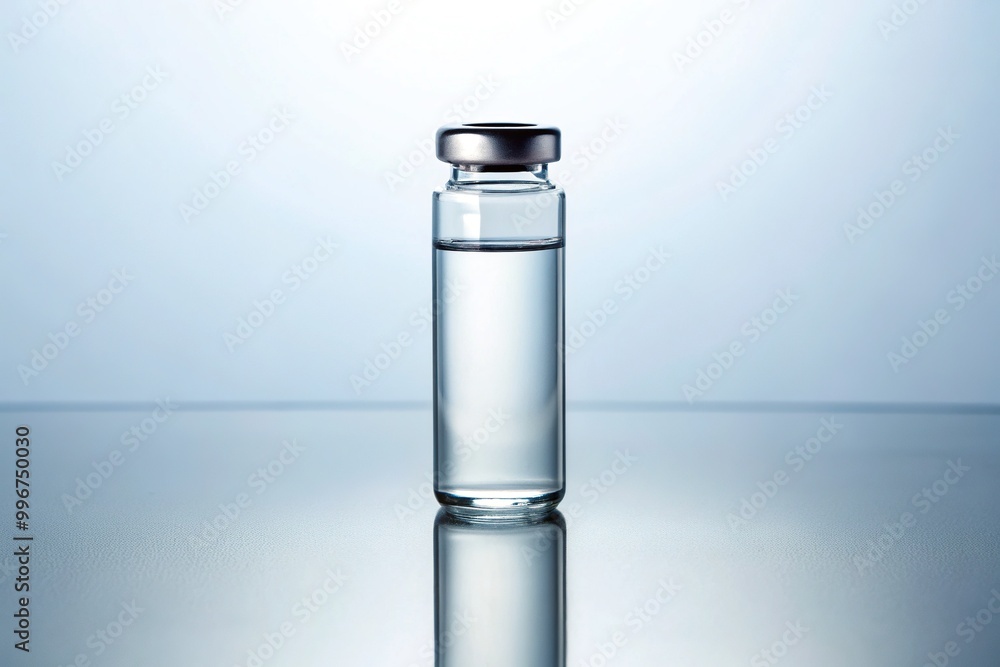 A solitary glass IV vial filled with clear liquid, standing upright on a white background, surrounded by empty space, conveying a sense of sterility. A solitary glass IV vial filled with clear liquid, standing upright on a white background, surrounded by empty space, conveying a sense of sterility.
