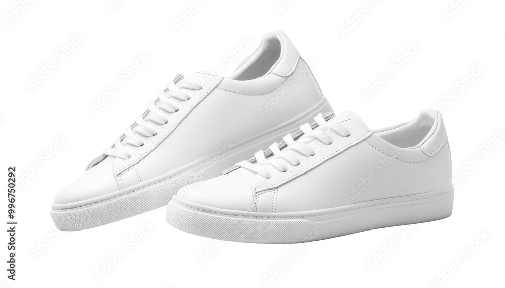 A pair of clean white leather sneakers with laces, showcasing a minimalist and versatile design. A pair of clean white leather sneakers with laces, showcasing a minimalist and versatile design.