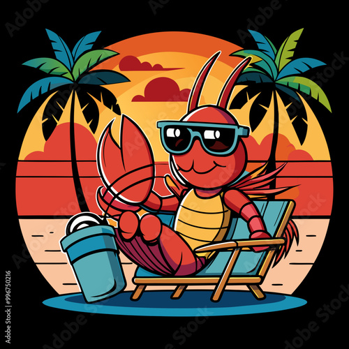 lobster tropical island with palm trees and sun