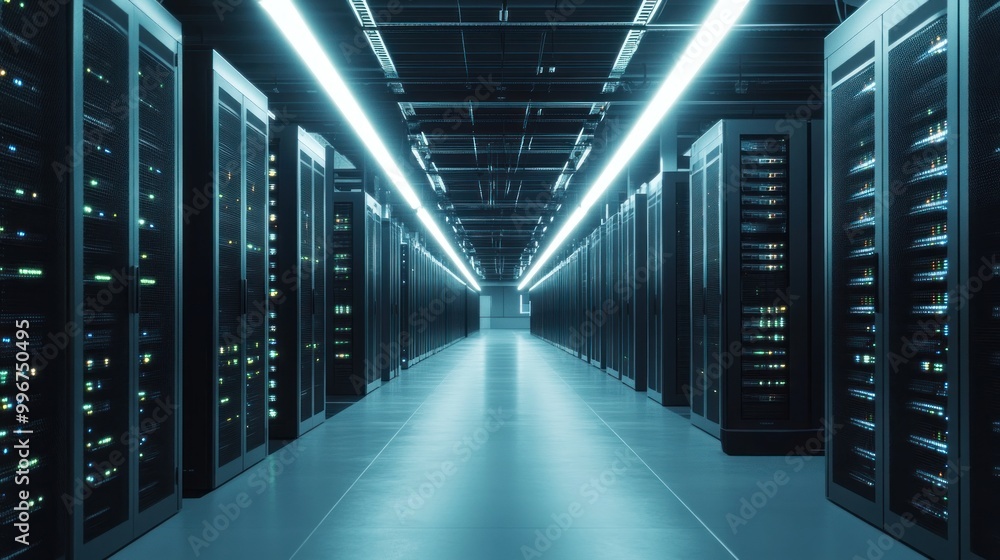 A modern data center featuring rows of server racks and bright overhead lighting. A modern data center featuring rows of server racks and bright overhead lighting.