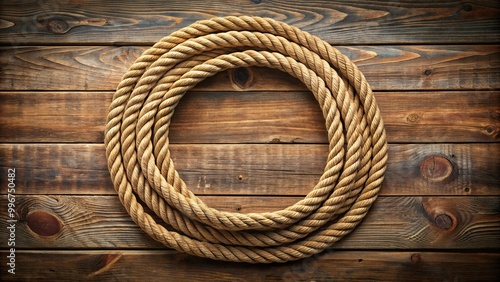 A stylized rope lasso forms a perfect circle on a rustic wooden background, symbolizing unity, wholeness, and connection in a warm, earthy tone atmosphere.