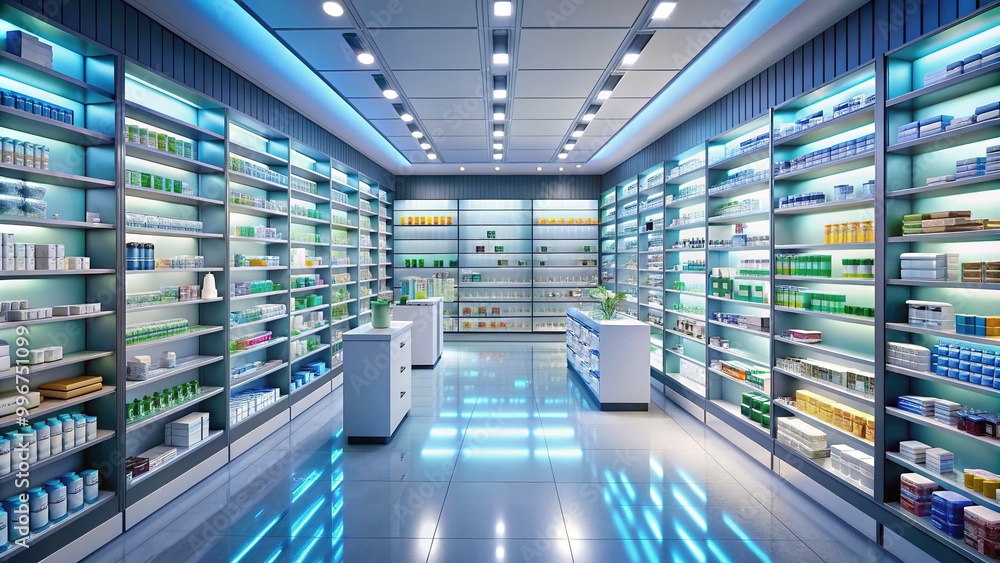 A well-organized pharmacy with rows of shelves stocked with medications, healthcare products, and medical equipment, illuminated by soft lighting and appealing decor. A well-organized pharmacy with rows of shelves stocked with medications, healthcare products, and medical equipment, illuminated by soft lighting and appealing decor.