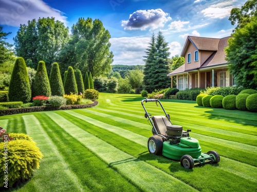 A well-manicured green lawn with a riding lawn mower and trimming tools scattered around, highlighting a professional lawn service's attention to detail and quality work. photo