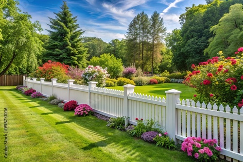 A weathered white vinyl fence surrounds a lush green lawn with blooming flowers and trees, creating a serene and idyllic suburban backyard scene. photo