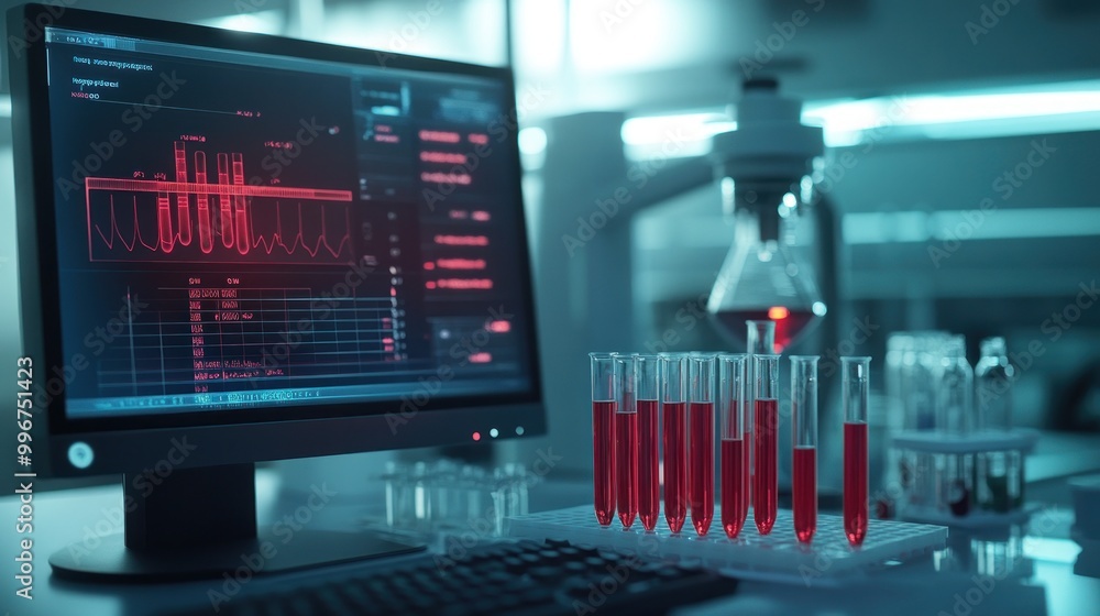 A laboratory scene featuring a computer and test tubes with red liquid for scientific analysis. A laboratory scene featuring a computer and test tubes with red liquid for scientific analysis.
