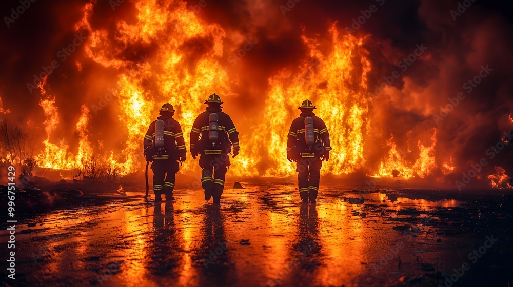 brave firefighters battle fierce flames, billowing smoke, intense heat, teamwork and the glow of the fire illuminating the scene brave firefighters battle fierce flames, billowing smoke, intense heat, teamwork and the glow of the fire illuminating the scene