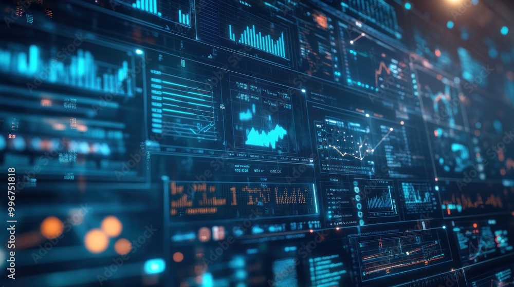A digital dashboard displaying data analytics and financial graphs. A digital dashboard displaying data analytics and financial graphs.