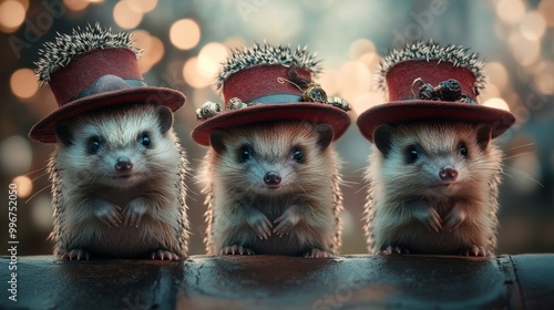 Tiny Hedgehogs Wearing Hats Banner background of Mad Hatter Day theme banner design for microstock, no text, and wide copy space, Tiny Hedgehogs Wearing Hats, photo