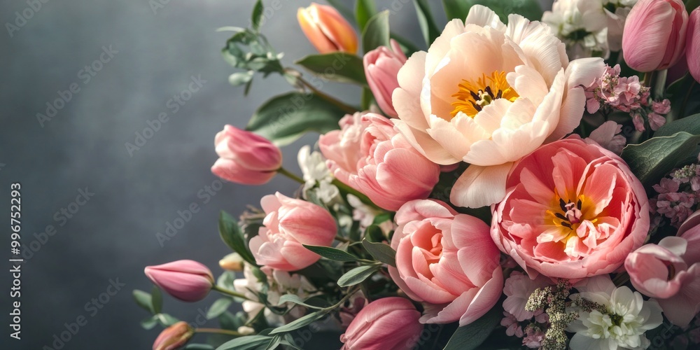 A beautiful bouquet of soft pink and white flowers is arranged elegantly against a neutral background. Perfect for decoration or as a gift. This floral composition radiates charm and grace. AI