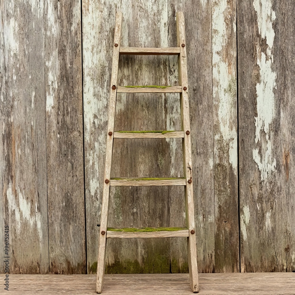 Distressed wooden ladder with peeling paint, moss-covered rungs, and rusty nails, leaning against a barn wall, capturing rural nostalgia Distressed wooden ladder with peeling paint, moss-covered rungs, and rusty nails, leaning against a barn wall, capturing rural nostalgia