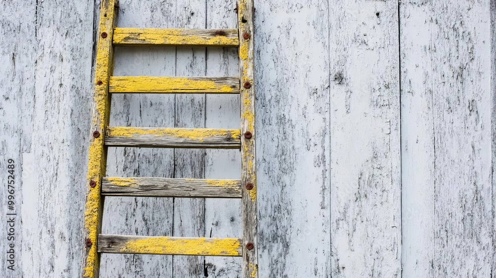 Distressed wooden ladder with peeling paint, moss-covered rungs, and rusty nails, leaning against a barn wall, capturing rural nostalgia Distressed wooden ladder with peeling paint, moss-covered rungs, and rusty nails, leaning against a barn wall, capturing rural nostalgia