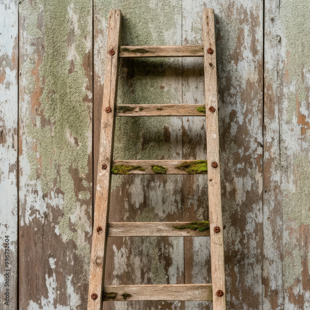 Distressed wooden ladder with peeling paint, moss-covered rungs, and rusty nails, leaning against a barn wall, capturing rural nostalgia Distressed wooden ladder with peeling paint, moss-covered rungs, and rusty nails, leaning against a barn wall, capturing rural nostalgia