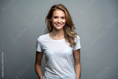 Attractive fit woman in her 20s wearing a crisp white crew-neck T-shirt, standing against a clean grey background with a confident smile.