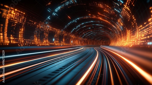 Dynamic tunnel with vibrant lights and motion blur, representing speed, energy, and futuristic technology.