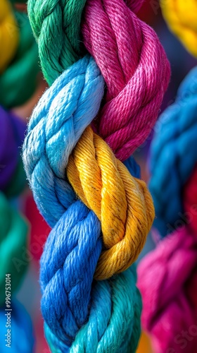 Close-up of colorful ropes and threads woven together, symbolizing unity in diversity.