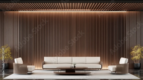 Wallpaper Mural A warm and inviting living room showcases two single sofa chairs and a wicker armchair, accented by rustic wooden walls and soft white cushions Torontodigital.ca