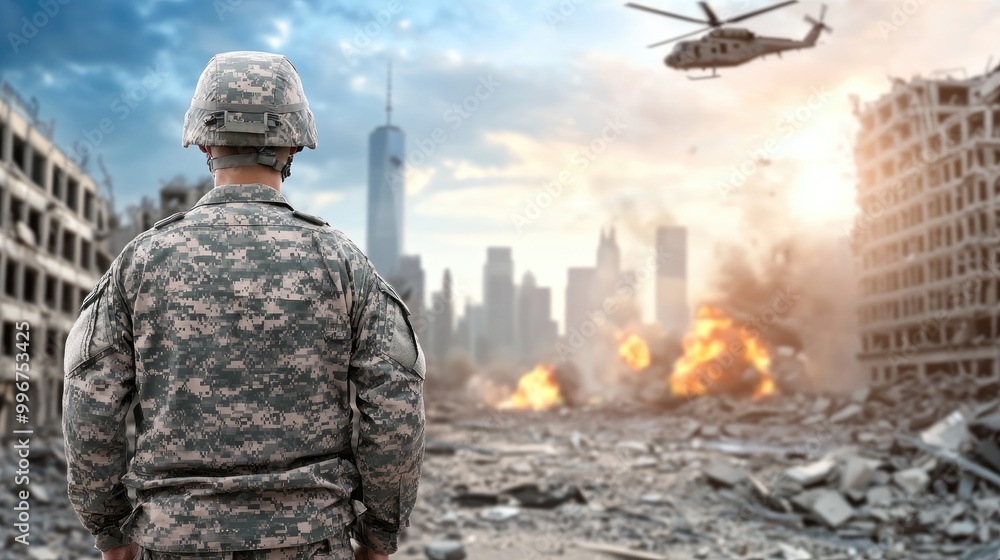 Soldiers maneuver through a devastated urban area as helicopters hover above, and explosions erupt from nearby buildings Soldiers maneuver through a devastated urban area as helicopters hover above, and explosions erupt from nearby buildings