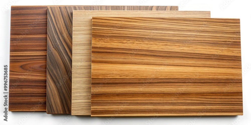 Close-up of elegant wood veneer sheets with unique grain patterns and rich brown tones, laid out on a clean white background. Close-up of elegant wood veneer sheets with unique grain patterns and rich brown tones, laid out on a clean white background.
