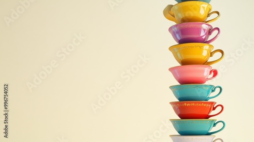 Topsy-Turvy Tea Cups Tower: A fun banner background of Mad Hatter Day  depicting a precarious tower of stacked, teetering teacups ready to topple,  photo