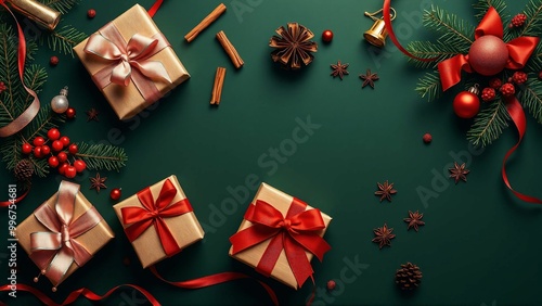 A Colorful Holiday Scene with Presents, Pine Cones, and Ornaments Creating a Warm and Festive Atmosphere