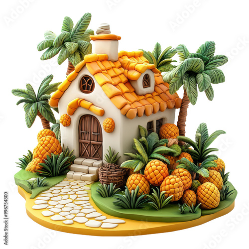 Tropical Cottage with Pineapples and Palm Trees in a Cartoon Style photo