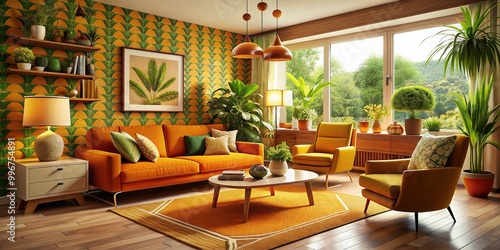 Cozy 1970s-inspired living room with vibrant orange and yellow hues, retro patterns, and iconic mid-century modern furniture pieces, surrounded by lush green plants. photo