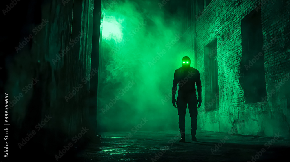 Mysterious silhouette walking in dark alley with green smoke Mysterious silhouette walking in dark alley with green smoke