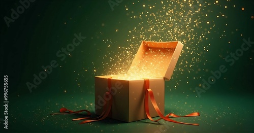 A large amount of Christmas decorations placed on a deep green background: ornaments, star anise, cinnamon sticks, present box, pine, gold bells, cute ribbons
