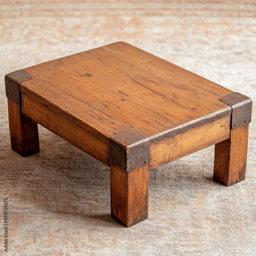 Old wooden coffee table with cracked varnish, stained surface, and rusty metal corners, placed on a faded carpet, capturing vintage warmth