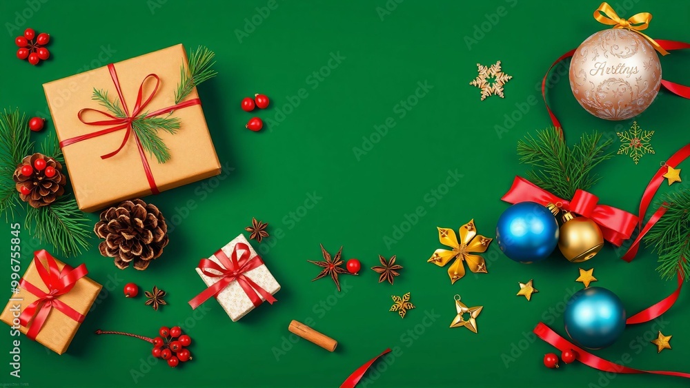 A large amount of Christmas decorations placed on a deep green background: ornaments, star anise, cinnamon sticks, present box, pine, gold bells, cute ribbons
A large amount of Christmas decorations placed on a deep green background: ornaments, star anise, cinnamon sticks, present box, pine, gold bells, cute ribbons