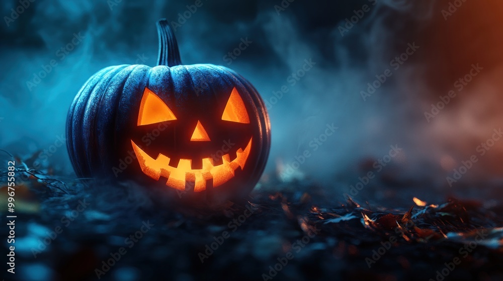 A glowing jack-o'-lantern amid fog, evoking a spooky Halloween atmosphere. A glowing jack-o'-lantern amid fog, evoking a spooky Halloween atmosphere.