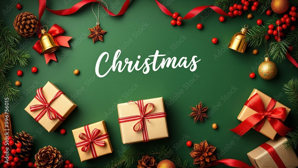 A large amount of Christmas decorations placed on a deep green background: ornaments, star anise, cinnamon sticks, present box, pine, gold bells, cute ribbons
A large amount of Christmas decorations placed on a deep green background: ornaments, star anise, cinnamon sticks, present box, pine, gold bells, cute ribbons
