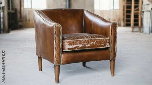 Wallpaper Mural Old-fashioned armchair with cracked leather, faded stitching, and wooden frame, set in an industrial loft, representing a blend of vintage and modern Torontodigital.ca