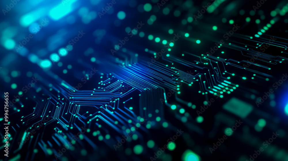 Empty silver Heidelberg chip with green and blue digital circuit lines in the background. Empty silver Heidelberg chip with green and blue digital circuit lines in the background.