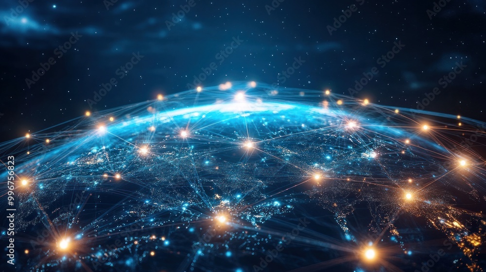 Global communication is represented by a digital globe with network connections. Global communication is represented by a digital globe with network connections.