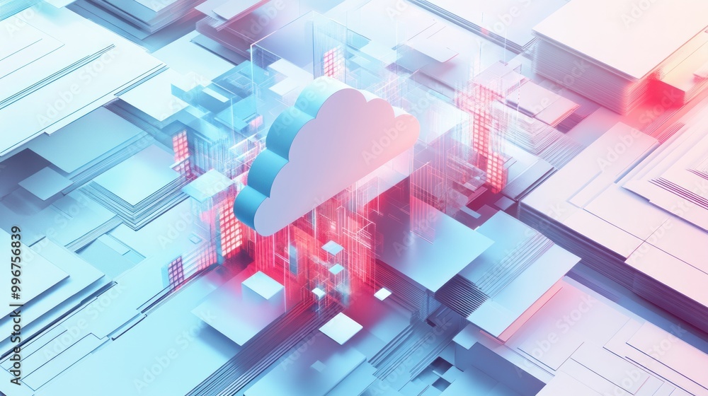 Abstract representation of cloud computing with geometric shapes and vibrant colors. Abstract representation of cloud computing with geometric shapes and vibrant colors.