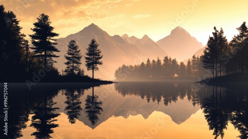 Serene mountain landscape with sunset reflections in calm lake water.