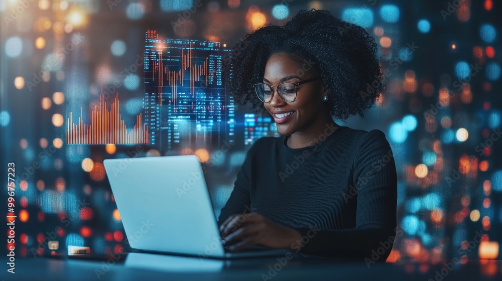 A woman works on a laptop in a tech-inspired environment with data visuals in the background. A woman works on a laptop in a tech-inspired environment with data visuals in the background.