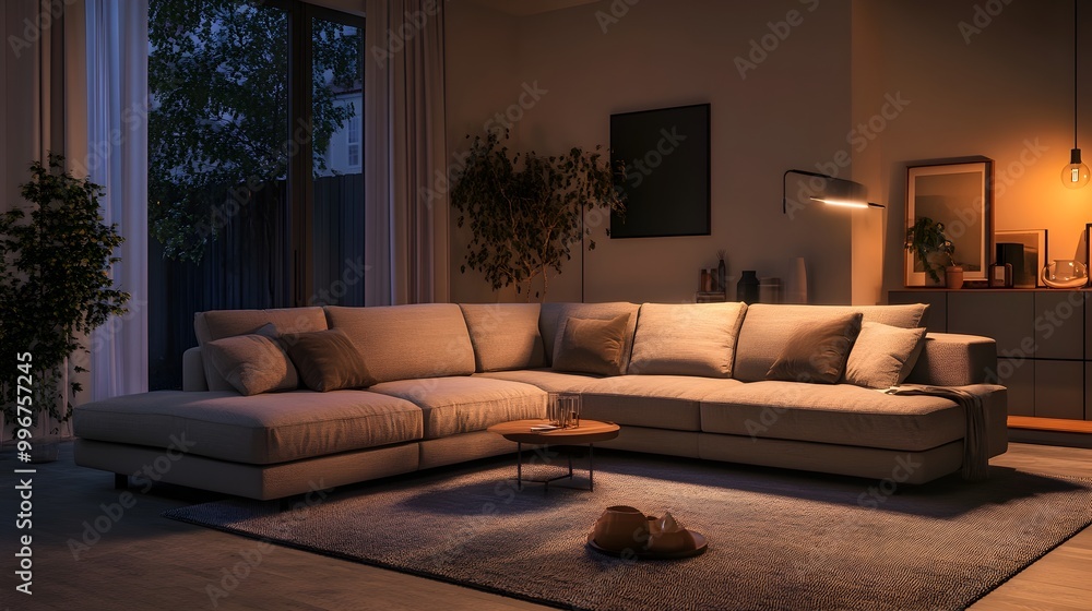 Fototapeta premium Cozy and inviting modern living room with a large comfortable sectional sofa and minimalist stylish decor The calming and serene atmosphere is created by the beautiful use of negative space