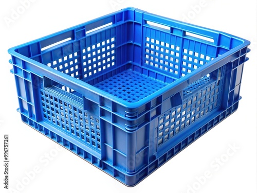 Empty blue plastic crate with ventilation holes isolated on a white background, ideal for storing or transporting goods in a warehouse or industrial setting. photo