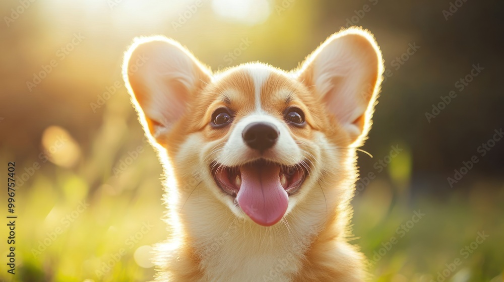 A happy corgi puppy with a joyful expression in a sunlit outdoor setting. A happy corgi puppy with a joyful expression in a sunlit outdoor setting.
