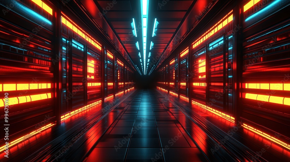 Futuristic corridor with vibrant neon lights in red and blue, showcasing a high-tech data center environment. Futuristic corridor with vibrant neon lights in red and blue, showcasing a high-tech data center environment.