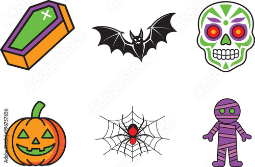 Halloween Elements Bundle mummy, skull, Coffin, pumpkin, Spider, web and black Bat Icons.