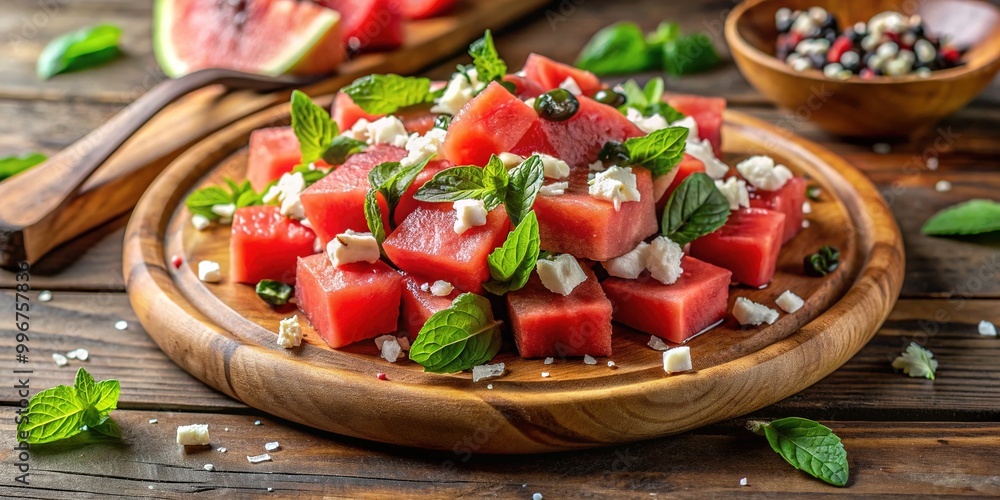 Fresh and refreshing summer salad features juicy watermelon chunks, crumbled feta cheese, mint leaves, and a drizzle of balsamic glaze on a rustic wooden platter. Fresh and refreshing summer salad features juicy watermelon chunks, crumbled feta cheese, mint leaves, and a drizzle of balsamic glaze on a rustic wooden platter.
